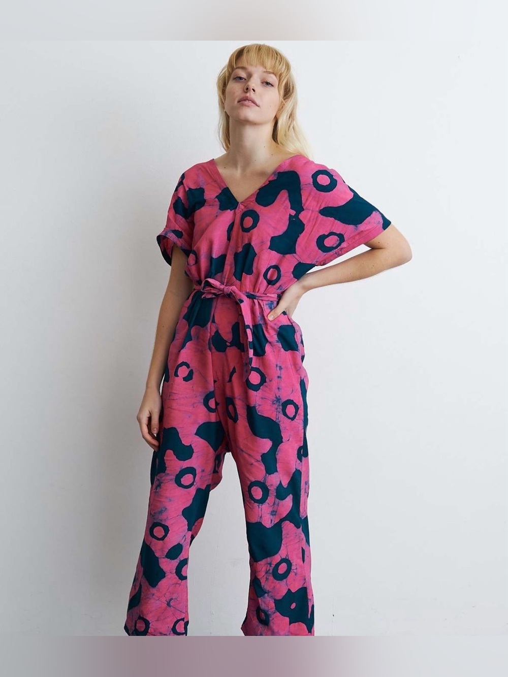 Pink & Navy Printed V-Neck Jumpsuit with Tie Waist